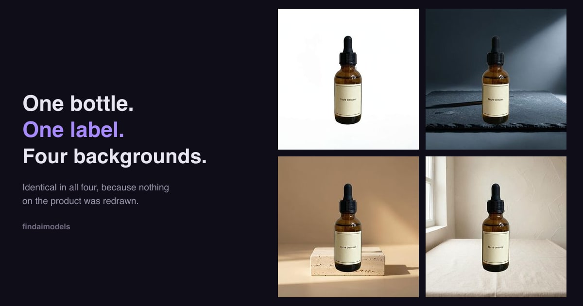 The same serum bottle shown against four different generated backgrounds with an identical label