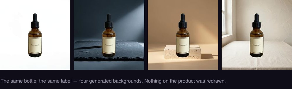 The same amber serum bottle composited onto four different backgrounds, its label identical in each